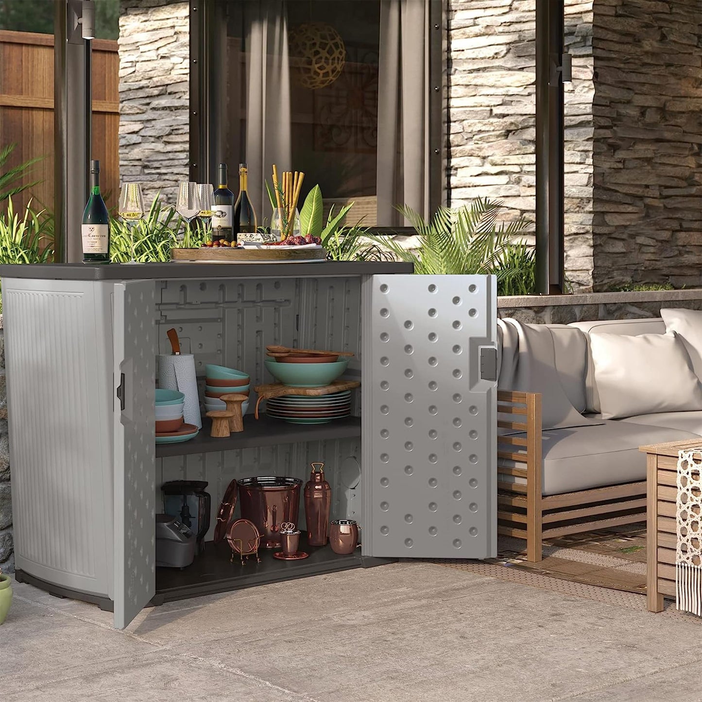 Suncast 130-Gallon Backyard Oasis Basic Unit Lockable Outdoor Storage Cabinet, Peppercorn, Made in The USA
