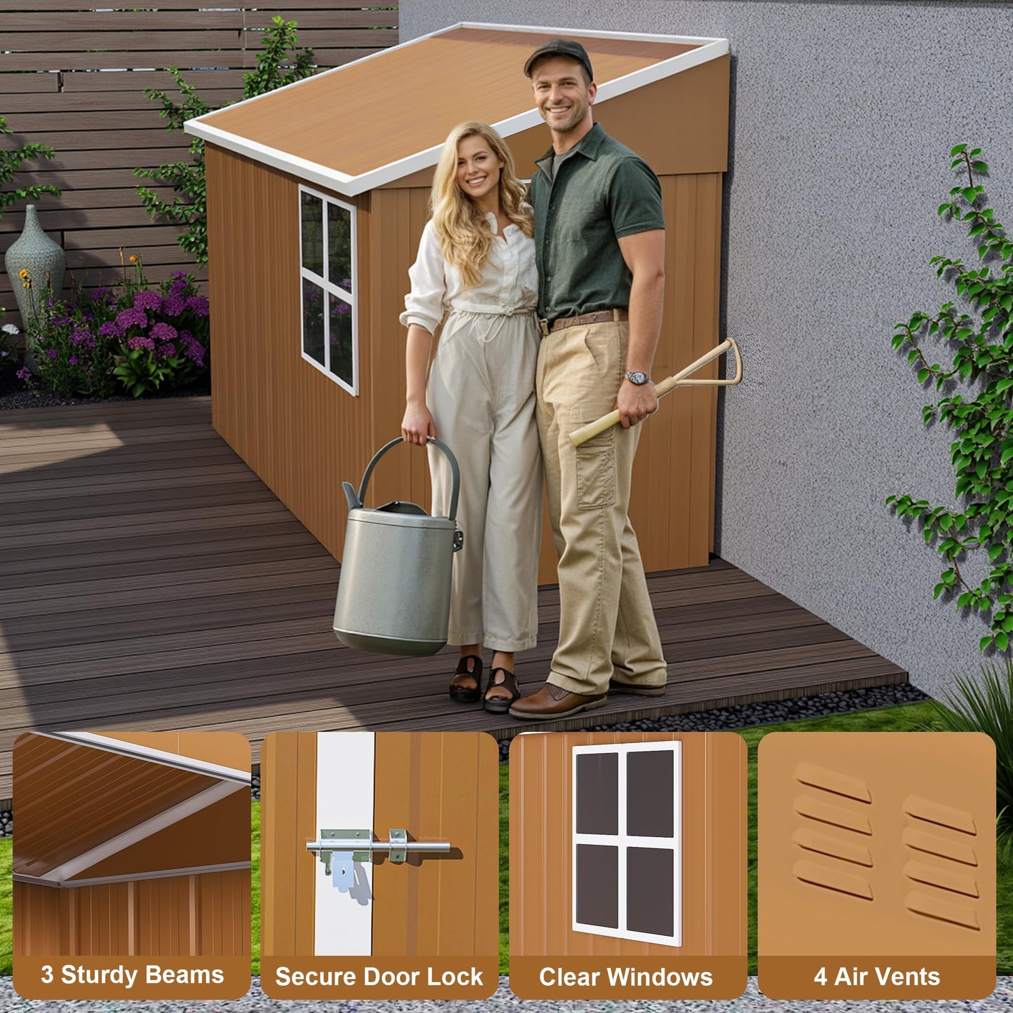 GDFStudio 8x4 FT Heavy-Duty Metal Storage Shed with Hinged Door, Windows & Ventilation, Weatherproof Galvanized Steel Outdoor Garden Shed for Backyard Lawn Patio Tool Storage, Brown, Without Floor
