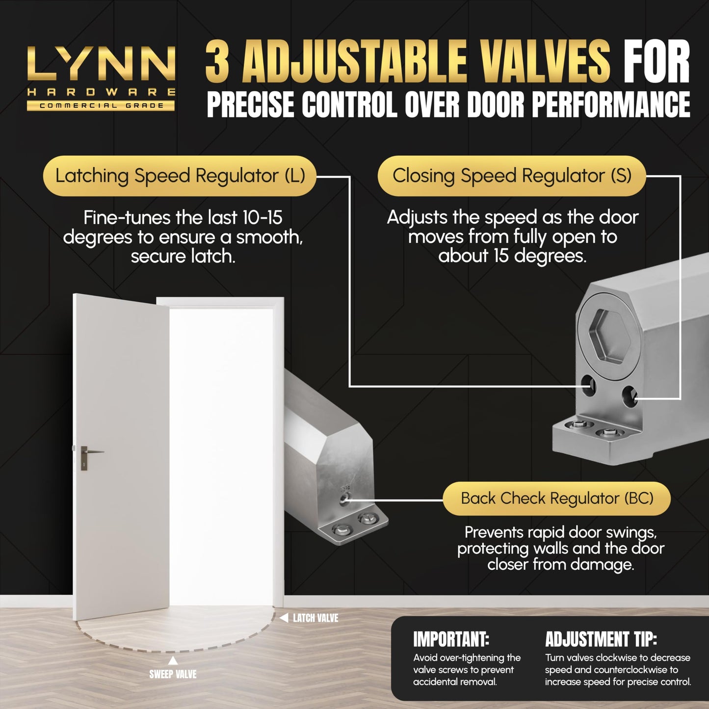 LYNN HARDWARE Medium Duty Automatic Door Closer (Silver) - Highly Durable Cast Aluminum, Commercial or Home Use, Adjustable Speed Controls, 3 Mounting Options, 3 Hour Fire Rated (DC6003 Model)