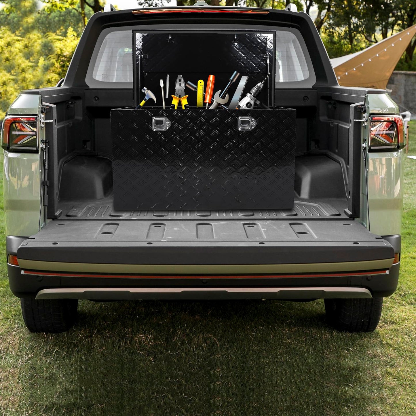 confote 44 Inch Heavy Duty Aluminum Stripes Plated Tool Box Pick Up Truck Bed RV Trailer Toolbox Waterproof Square Storage Organizer with Side Handle, Lock and Keys -44"x 24"x 24",Black