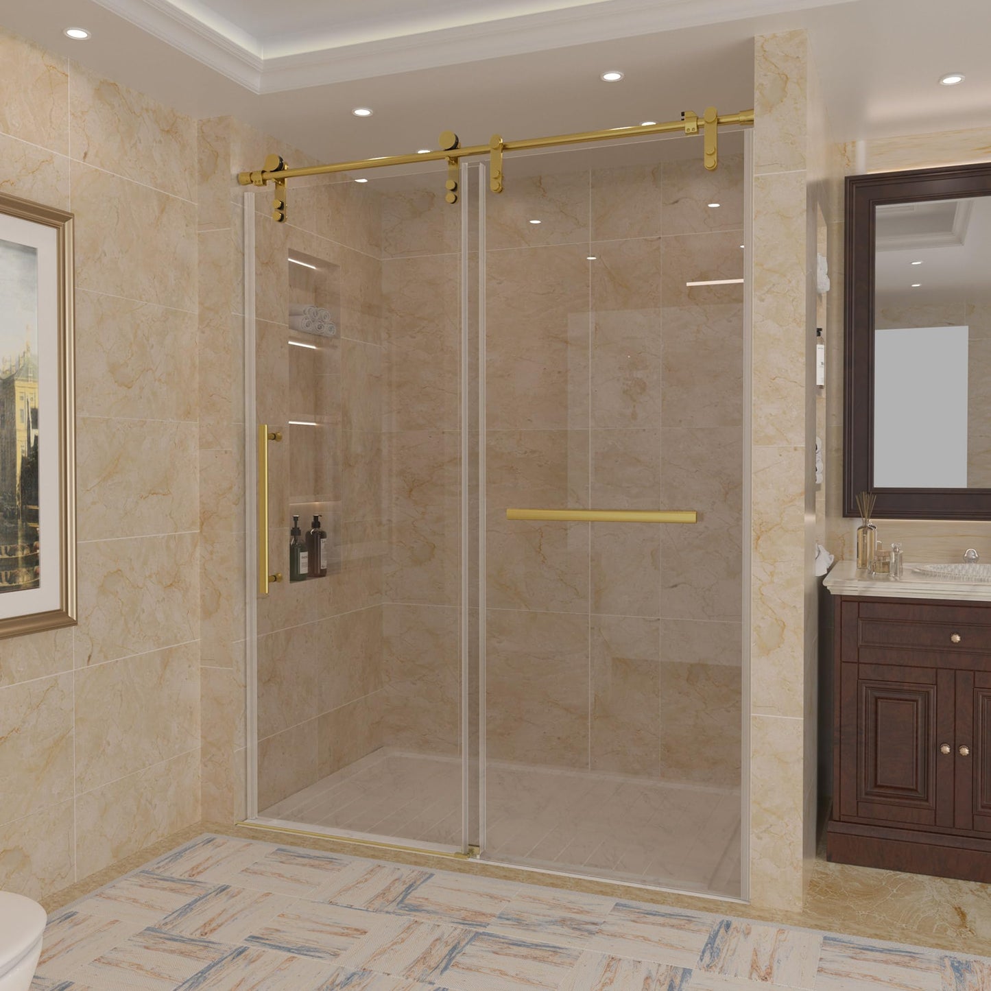 Trumbeak 56-60" W x 76" H Frameless Shower Door,Sliding Shower Door with 5/16"(8mm) Clear SGCC Tempered Glass,Glass Shower Door w/Seal Strip Parts and Handle,Stainless Steel Hardware,Gold