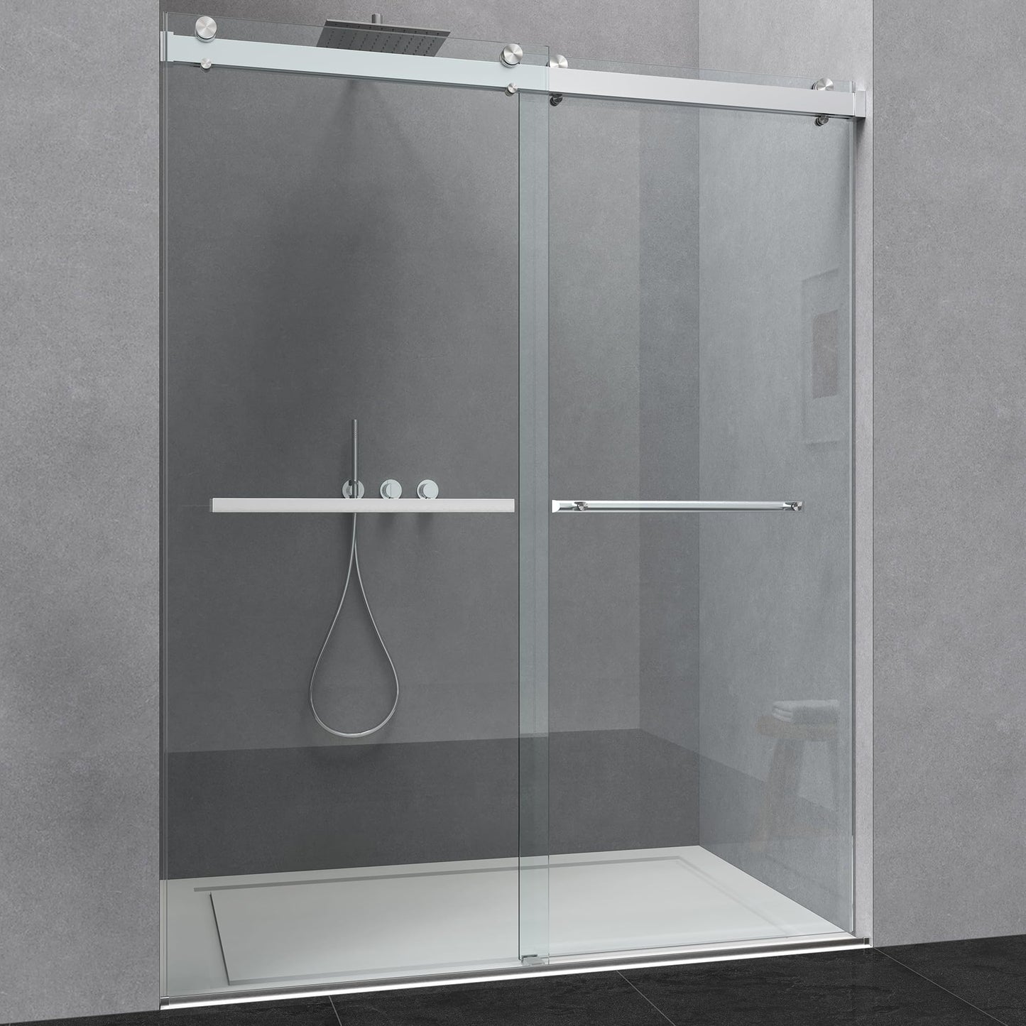 ENSO SENKA 56-60” W x 76” H Bathroom Dual Sliding Frameless Shower Door, 5/16" (8mm) Easy-to-Clean Treated Clear Tempered SGCC Glass, Brushed Nickel