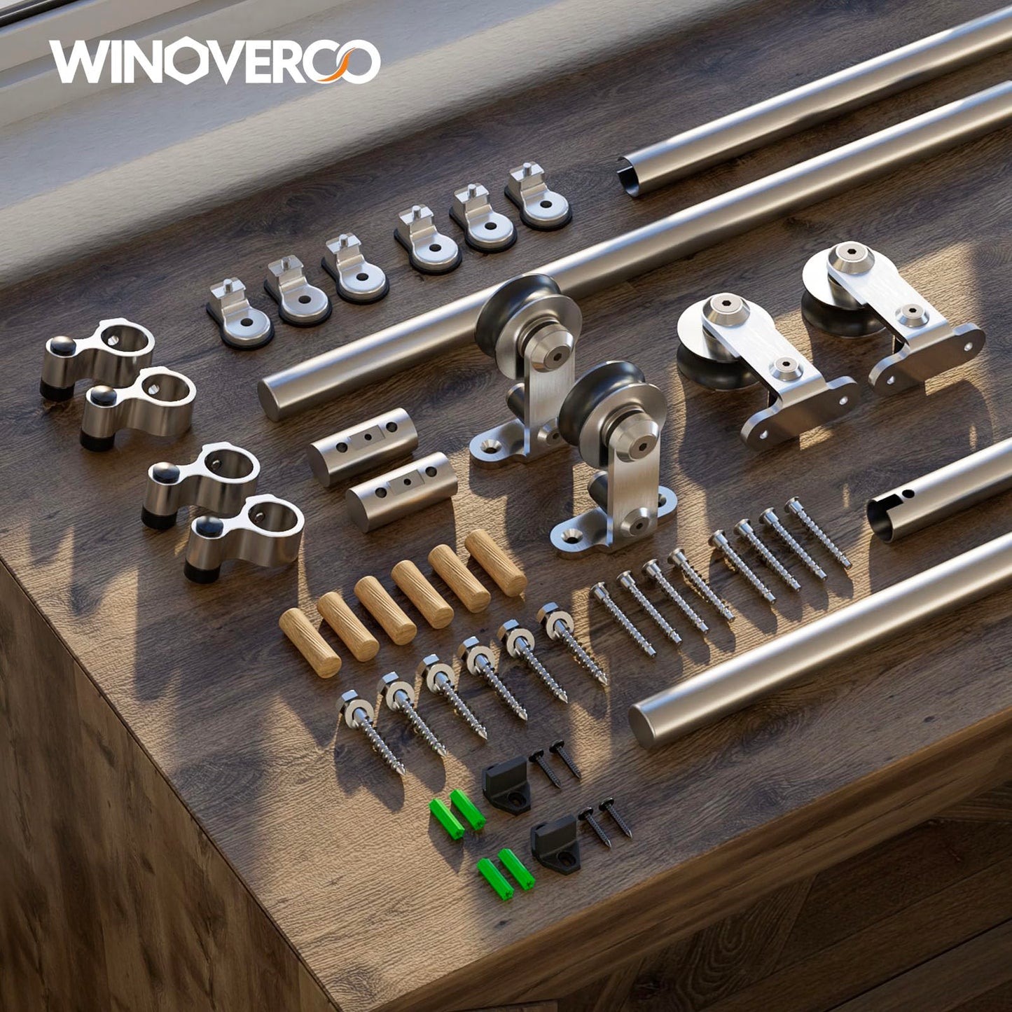 WINOVERCO 96"/8FT Top Mount Sliding Barn Door Hardware Kit Stainless Steel, Heavy Duty, Smoothly and Quietly, Barn Door Track Fit Max. 24.5"×2 Wide Double Door, Easy to Install (Panel not Included)