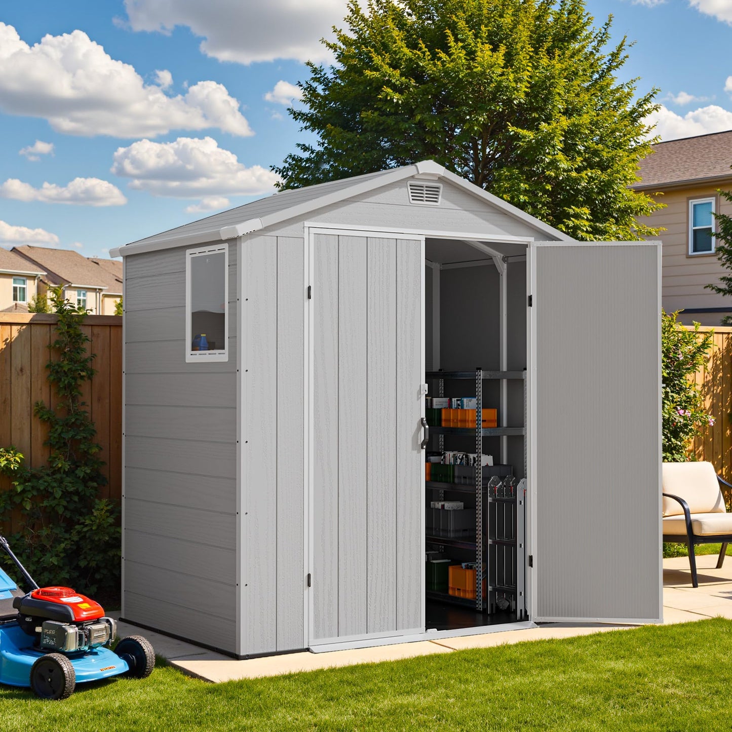 Devoko 6x4 FT Plastic Storage Shed, Outdoor Resin Garden Shed with Floor, Durable Tool Storage Shed with Lockable Door and Window for Patio, Garden, Backyard, Light Gray