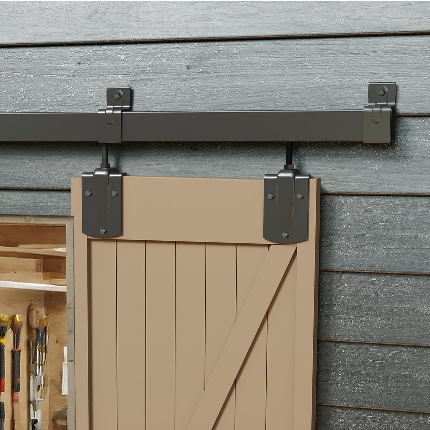 JUBEST 16FT Box Rail Exterior Barn Door Hardware Kit, Heavy Duty Sliding Door Track Kit Wall Mount Door Hardware Kit for Two Doors System(Doors Not Included), Black