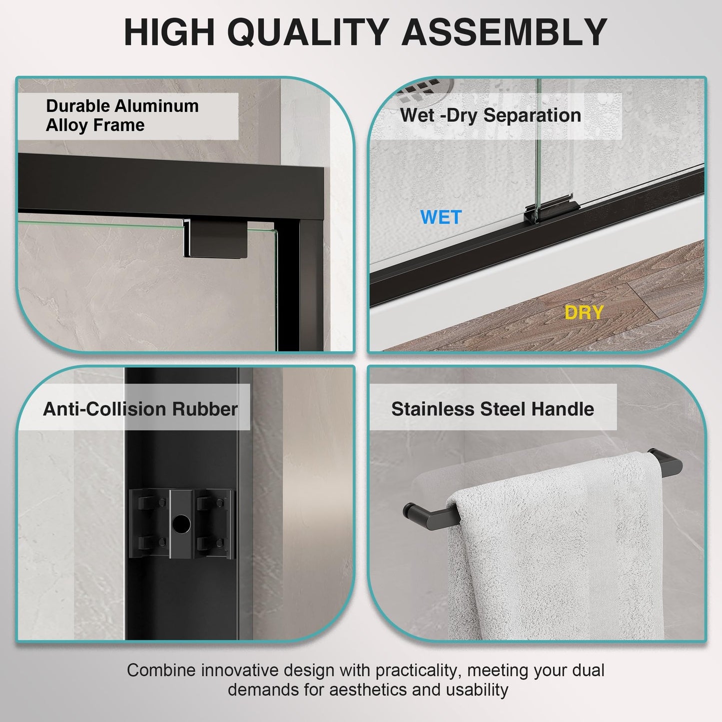 KPUY Glass Shower Door, 49-54" W x 76" H Semi-Frameless Double Sliding Shower Door, 1/4" (6mm) Thick Tempered Clear Glass with Explosion-Proof Film Nano Coating, Matte Black