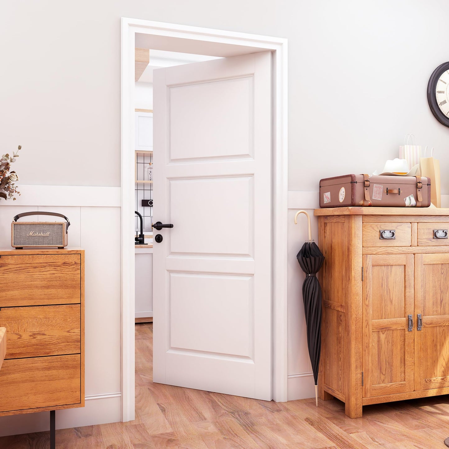 OHTOMO 24"x 80" Slab Door, 3-Panel Interior French Door Slab Shaker, Pre-Assembled Solid Core Wood Panel w/o Prehung Jamb, for Pantry Closet Laundry Bathroom Office, White Primed Surface