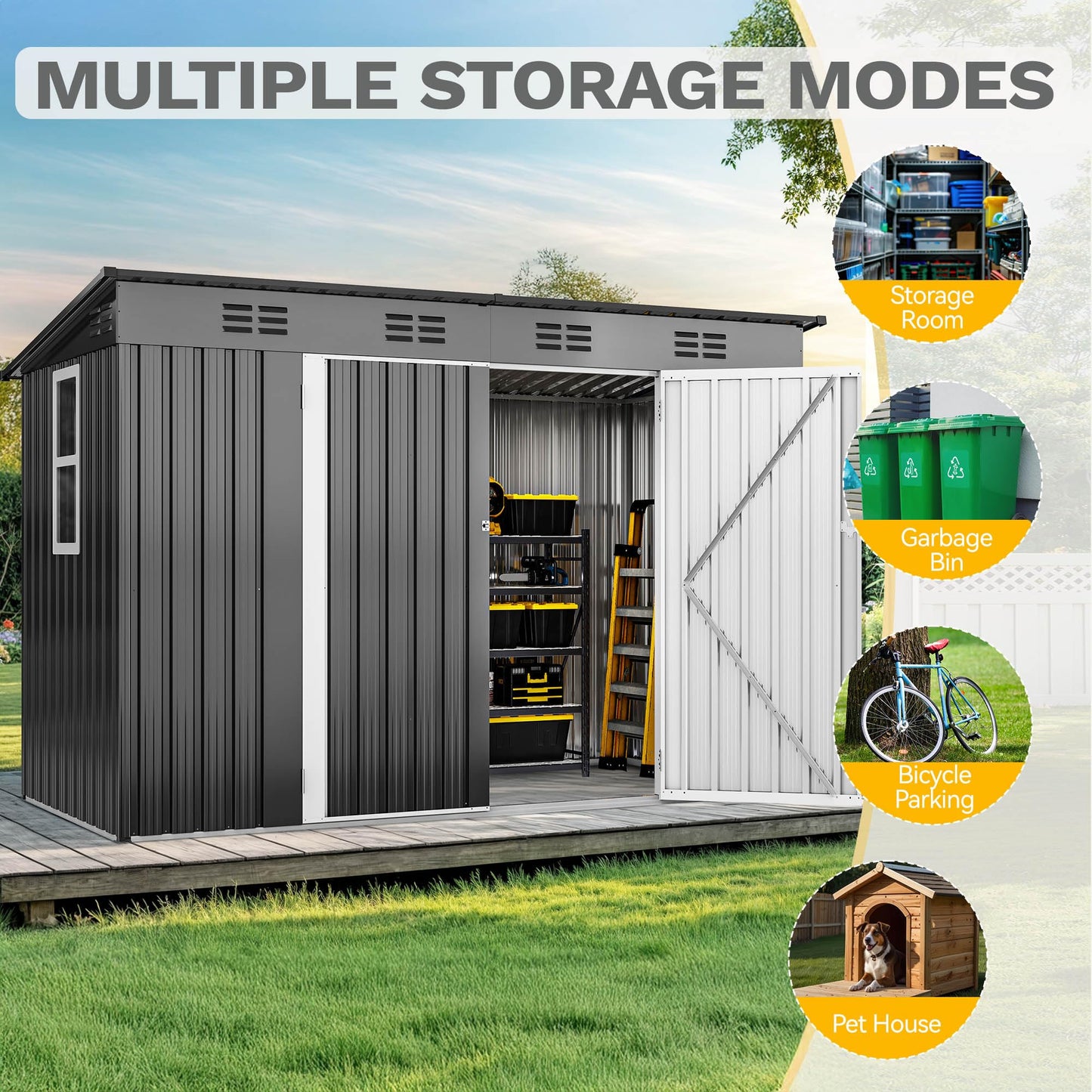 DWVO 9x4ft Large Tool Storage Shed with Window, Lockable Doors, and Sloped Roof, Oversized Steel Outdoor Storage Shed for Garden, Patio, Garage, Backyard, Lawn - Dark Gray