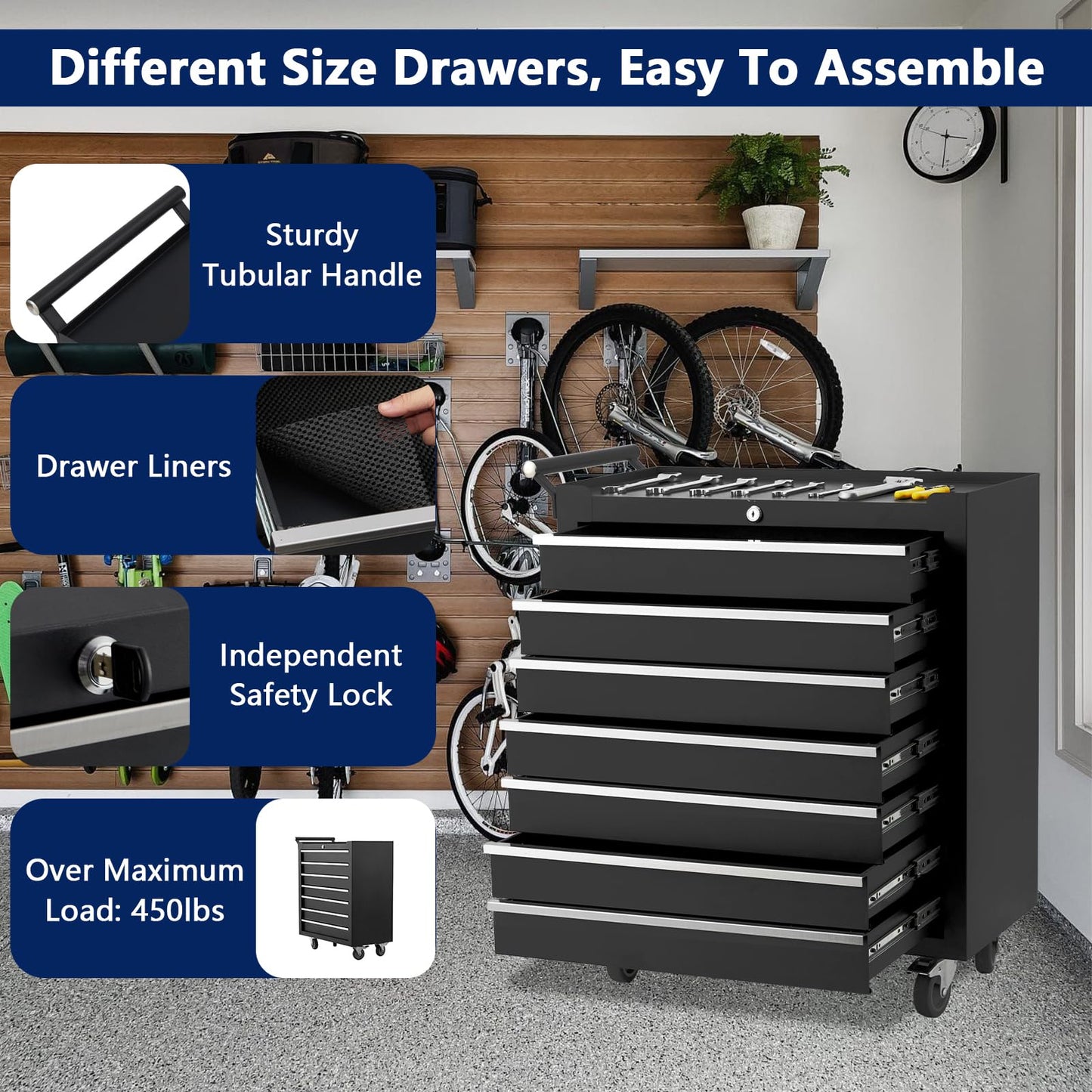 GarveeLife 24-Inch Rolling Tool Chest, 7-Drawer Mobile Tool Cabinet with Locking System, Heavy-Duty Rolling Tool Storage for Garage, Workshop, and Home DIY Projects