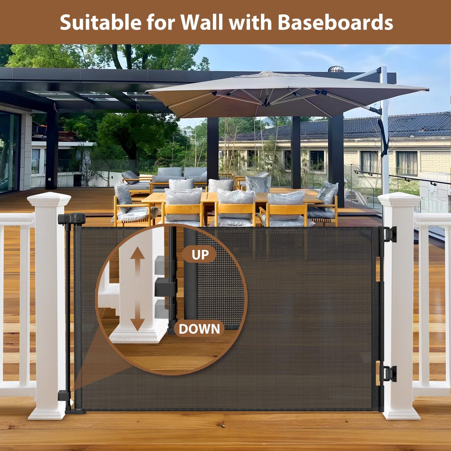 Weatherproof Outdoor Retractable Gate for Dogs with No Rust Stainless Steel Screws and Rods, 55" Wide Waterproof Retractable Baby Gates, Scratch-Resistant Mesh Safety Outdoor Pet Gate for Deck, Black