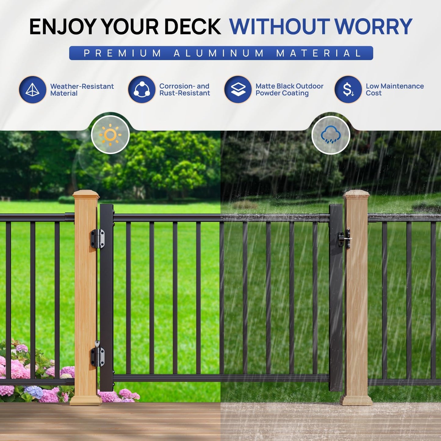 Egadis 4 ft. W Aluminum Deck Gate Kit for 36in. H Railing, Cuttable AAMA2604 Powder-Coat Finish Outdoor Gate Kit with Premium Latch and Auto-Closing Hinge for Deck, Patio, Garden, Yard, Porch