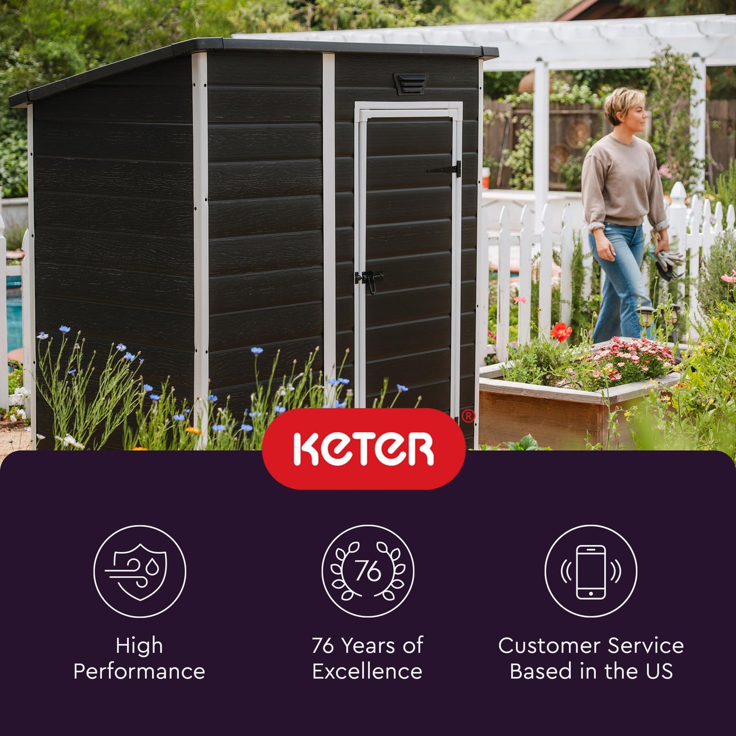 Keter Essential Shed 4x6 Resin Outdoor Storage Shed Ideal Storage for Patio Furniture, Garden Tools Bike Accessories, Beach Chairs and Lawn Mower, Black and White