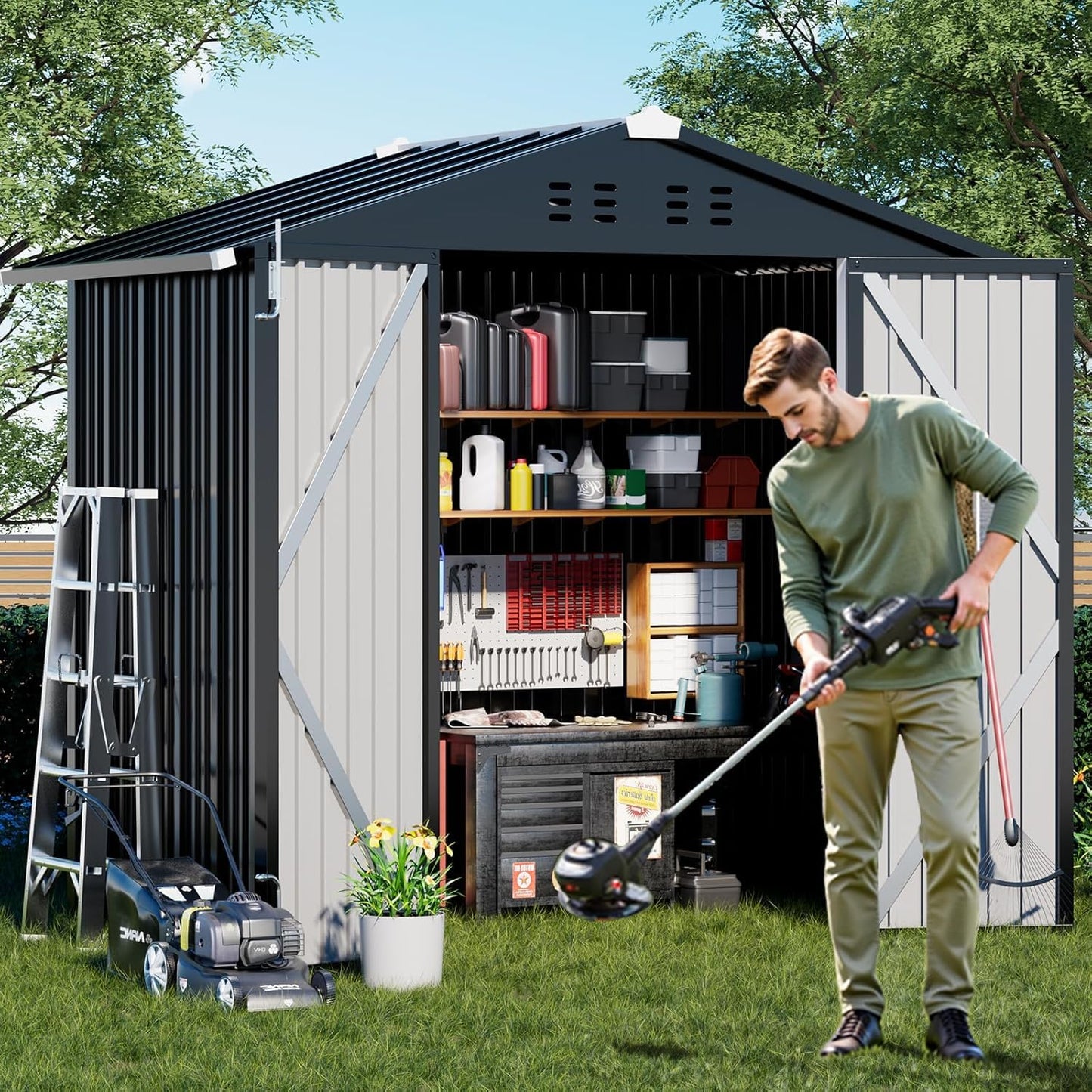 COMHOMA Shed Outdoor Storage Shed Metal,Lockable Doors Tool Sheds with Sloping Roof,Steel Garden Shed with Air Vent for Backyard,Patio,Lawn,Poolside (Grey, 6'x4')