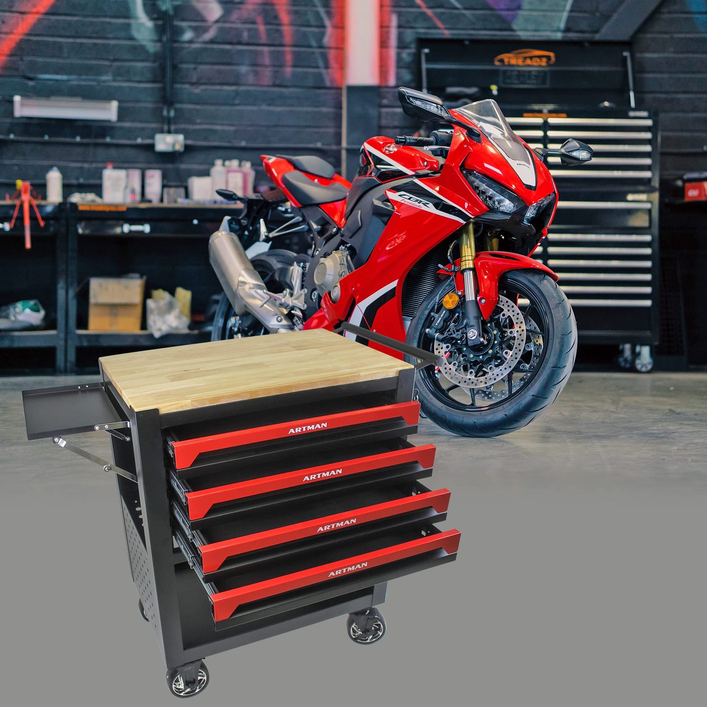 Thetilsy Rolling Tool Chest Cart with 4 Drawers,Storage Tool Cabinet on 4 Wheels. Lockable Tool Cart with Wooden Top and Adjustable Shelf.Tool Box for Garage,Repair Workshop(Wooden top, red)