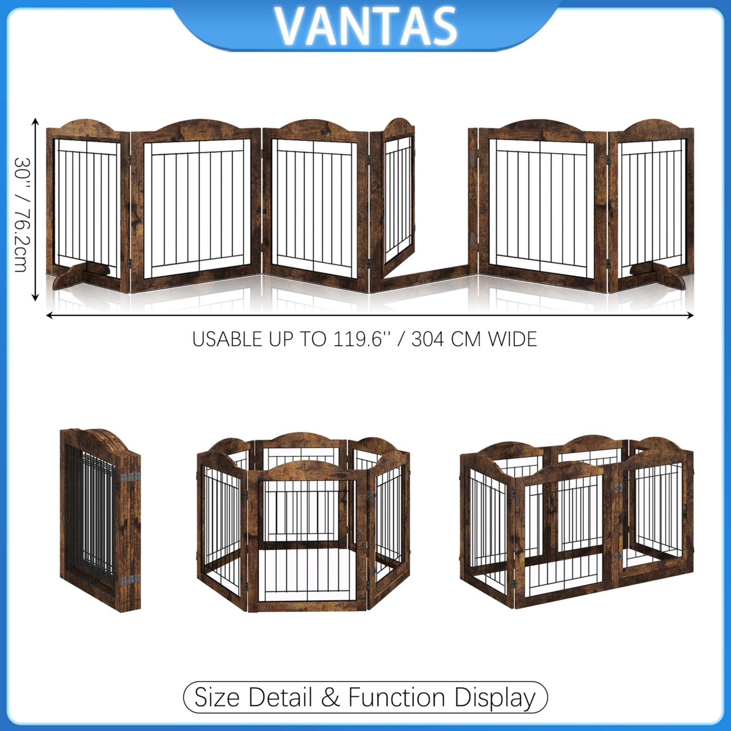 Vantas Folding No-Assembly Dog Door Pet Gate 144" Wide, 30" Tall Wooden Dog Gate with Door Walk Through, Freestanding Wire Pet Gate, Pet Puppy Safety Fence, with 2PCS Support - Rustic Brown