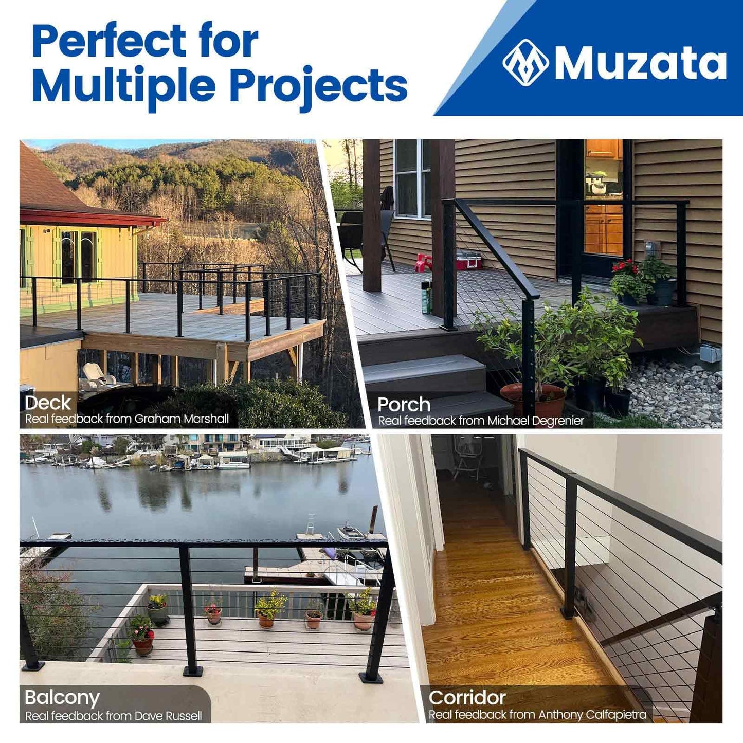 Muzata 16-20FT Modular Black Cable Railing Kit with Handrail 36 Inch 5 Level Post Kit Complete Set Cable Railing System for Decks Length Adjustable Easy DIY with Paper User Guide RW01
