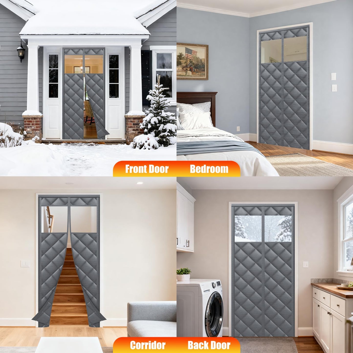 Magnetic Thermal Insulated Door Curtain with Transparent Window Insulated Door Cover Upgraded Oxford Filled with Thicken Cotton Thermal Insulated Curtains for Winter Waterproof and Windproof, Grey