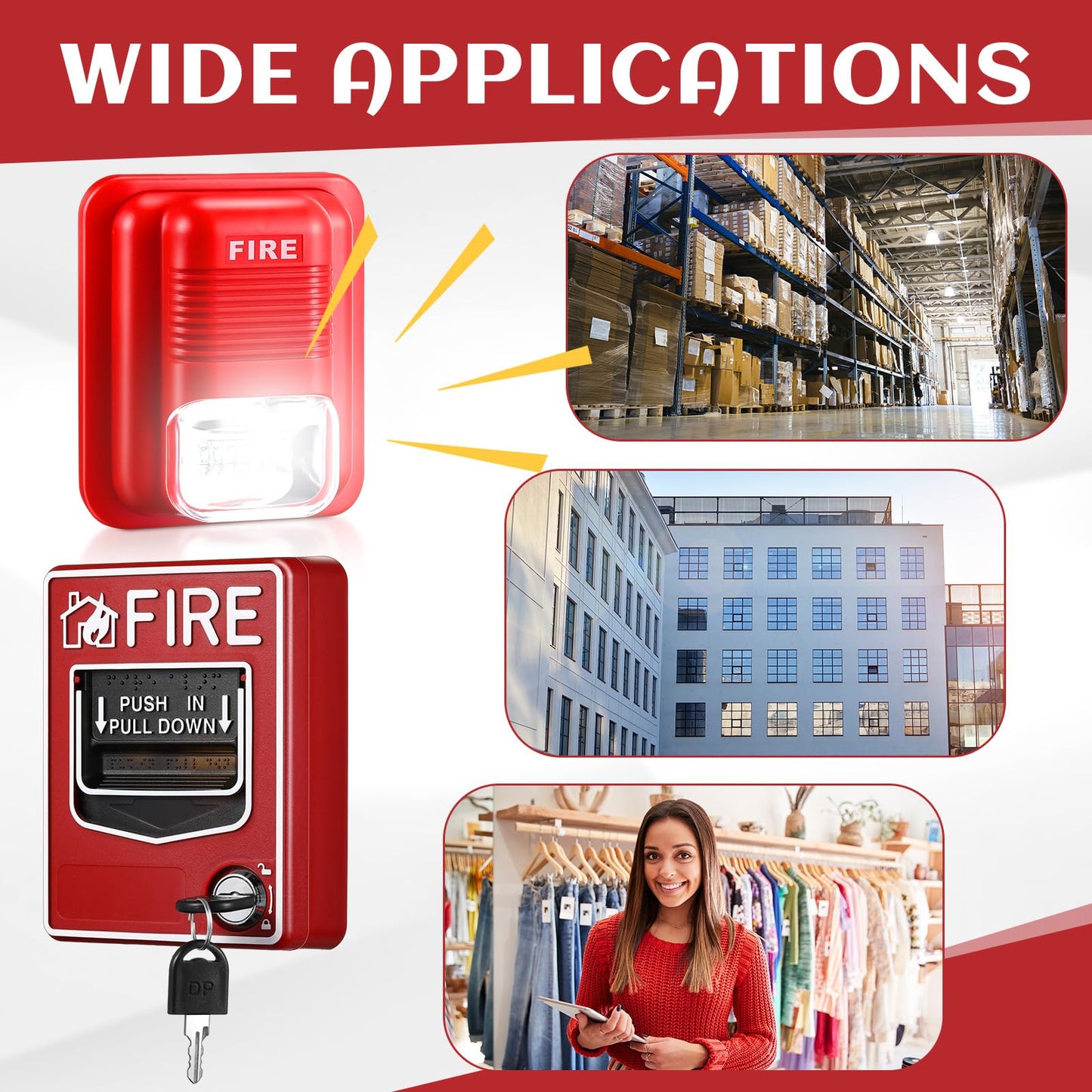 Relaxweex 4 Pcs Fire Alarm Pull Station Fire Warning Siren 12/24V DC Sound and Light Emergency Alarm Dual Action Manual Call Point with Key Security Horn Buzzer for Home or Office