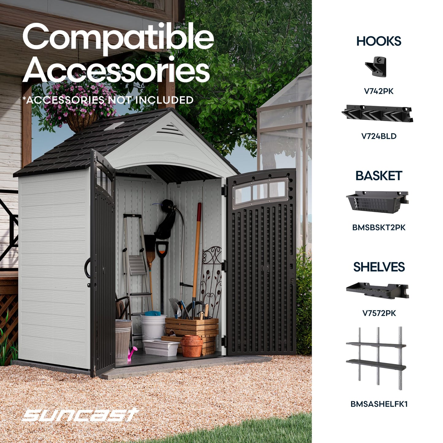 Suncast 7x4 Ft. Vista Vertical Resin Shed - Outdoor Storage Shed with Floor, Double Doors, IllumiVent™ Ventilation, Reinforced Resin Panels - Ideal for Ladders, Long-Handled Tools, & Garden Equipment
