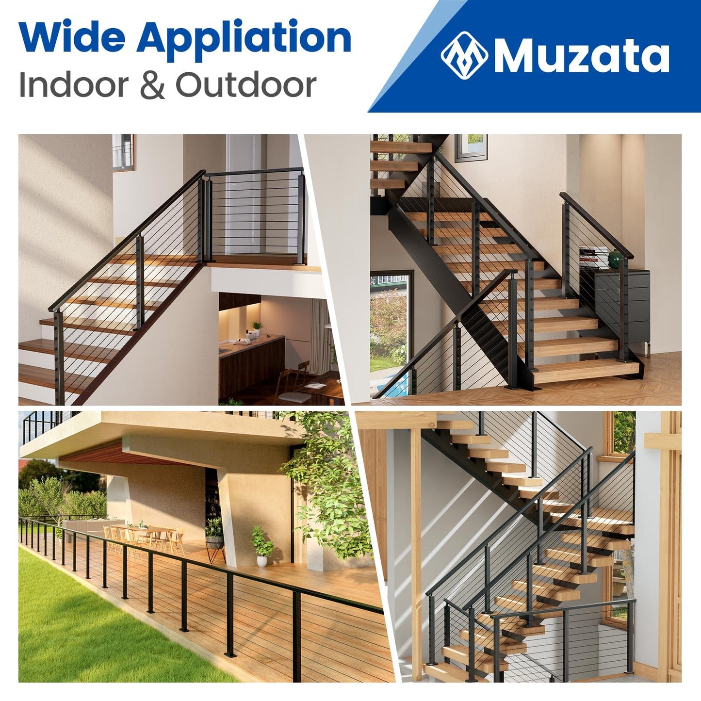 Muzata 6'6" Black Cable Railing Handrail Rectangular Stainless Steel Handrail for Cable Railing System Top Rail Deck Stair Indoor Outdoor Length Adjustable with Paper User Guide HT10 BP4