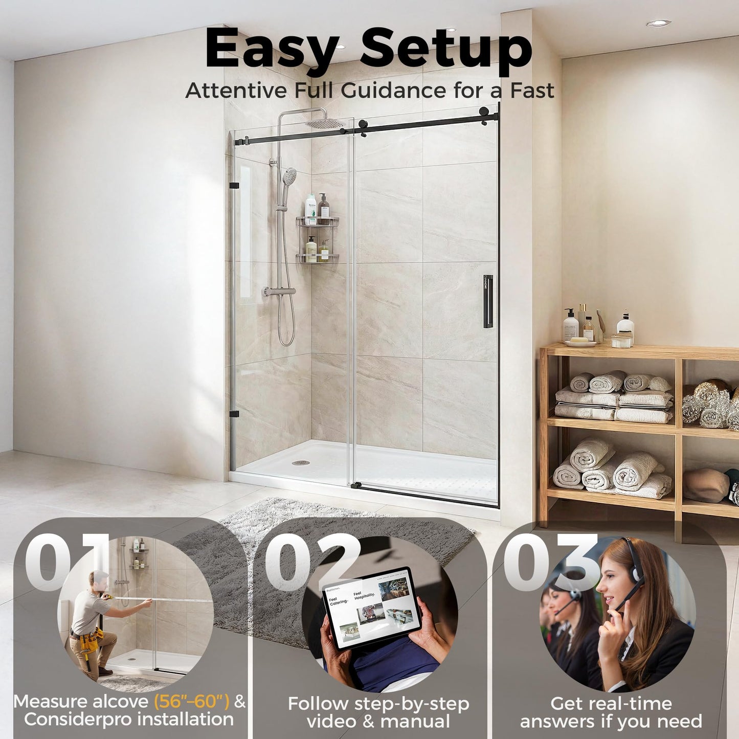 CAMMOO 56-60" W x 75" H Frameless Shower Door, Magnetic Sliding Glass Shower Door, 5/16"(8mm) Thick Tempered Glass, Leak-Proof Seals, Stainless Steel Hardware, Easy-Clean Nano Coating, Matte Black