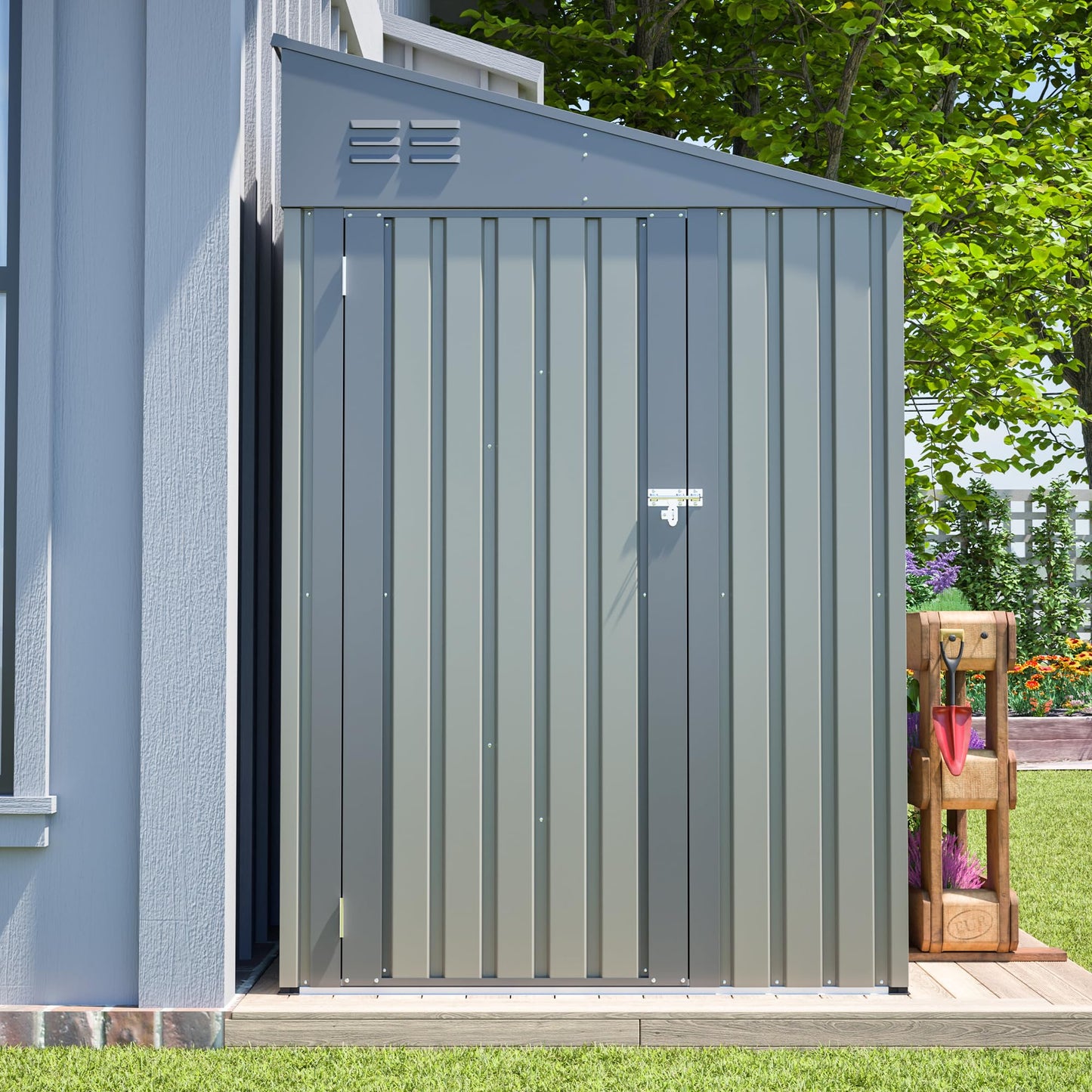 YOPTO 4×7 FT Outdoor Metal Storage Shed,Heavy-Duty Lean to Storage Shed with Lockable Door and Reinforced Beams,All Weather Waterproof Storage House W/2 Air Vents,for Backyard,Patio,Lawn,Gray