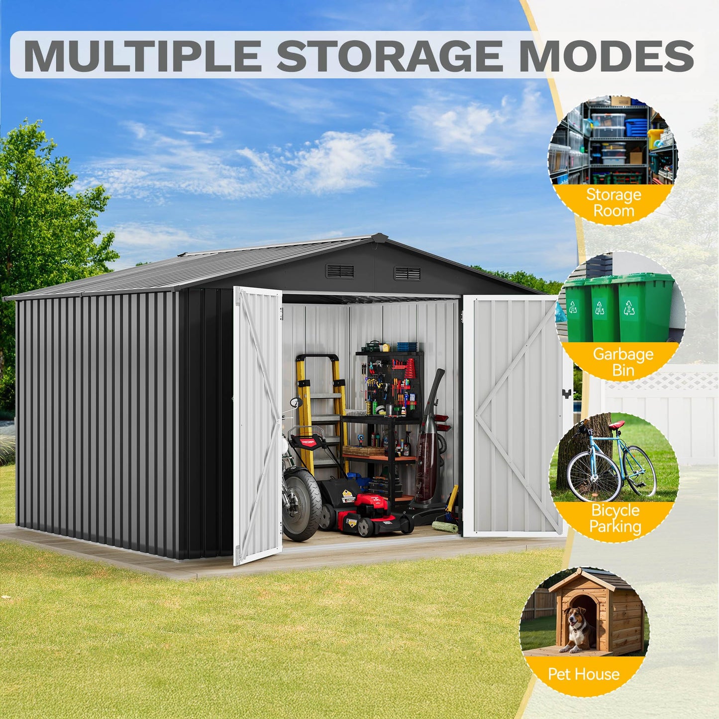 DWVO 10x8FT Outdoor Storage Shed, Spacious Metal Tool Shed with Lockable Doors & Ventilation for Patio, Lawn, and Backyard, Ideal for Storing Garden Equipment, Lawnmowers, and Bicycles, Dark Gray