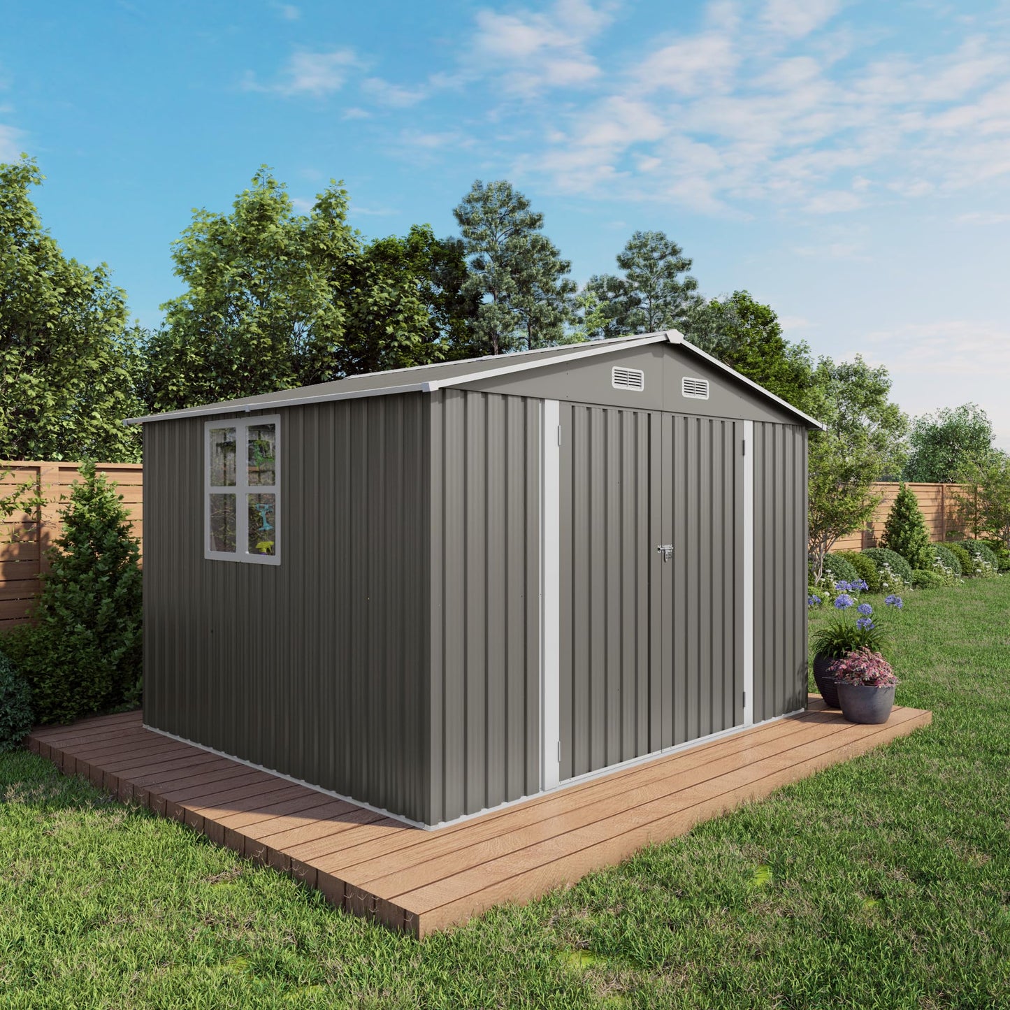 120"x96"x76.4" Metal Storage Shed Outdoor Garden Tool Shed, Galvanized Steel Lockable Backyard Organizer, Double Door Utility Shed with Windows for Lawn Equipment, Bikes, Patio & Backyard Storage