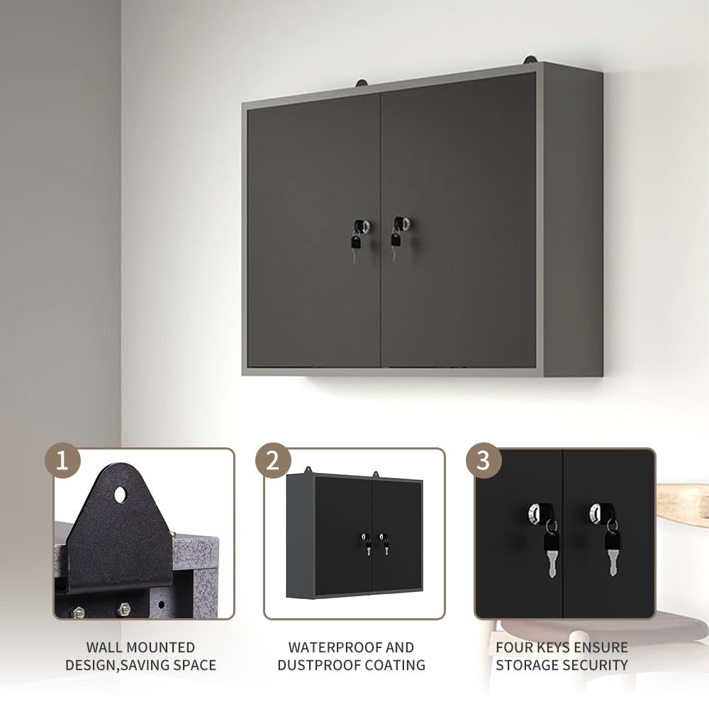 JZD Metal Wall Mounted Tool Cabinet with Lockable Doors, for Garage Basement Workshop, Black & Grey