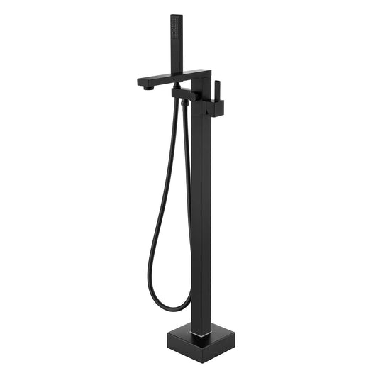 Wowkk Freestanding Bathtub Faucet Tub Filler Black Floor Mount Bathroom Faucets Brass Single Handle with Hand Shower