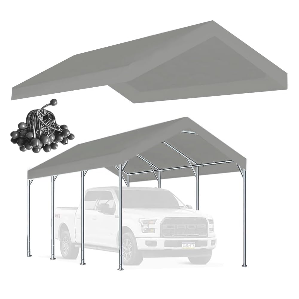 Rutile 12 x 20 FT Carport Replacement Cover, Heavy Duty Car Tarp Canopy Tent Replacement Top w/Ball Bungees Gray (Only Top Cover, Frame is not Included)