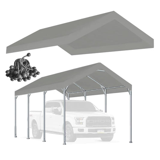 Rutile 12 x 20 FT Carport Replacement Cover, Heavy Duty Car Tarp Canopy Tent Replacement Top w/Ball Bungees Gray (Only Top Cover, Frame is not Included)