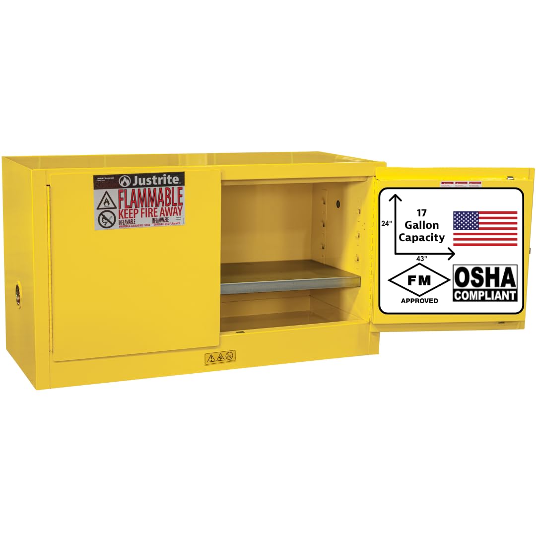 Justrite 17 Gallon Manual Close Piggyback Flammable Storage Cabinet, 18 Gauge Steel, 1 Shelf, 2 Door Fire Cabinet, 24" x 43" x 18", Made in The USA, Yellow, 891700