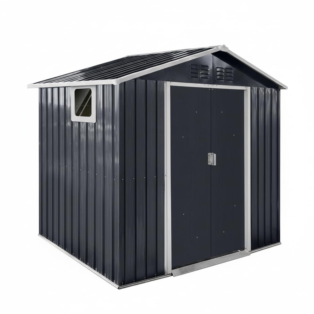 YOPTO 7x4.3 FT Metal Garden Sheds with Window,Outdoor Heavy-Duty Steel Storager Tool Shed W/Sliding Door and Punched Vents,Waterproof Building Organizer for Storing Motorcycle,Bicycles,Grey