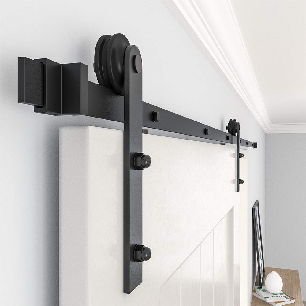 WINSOON 8FT Barn Door Hardware Kit: Single Sliding Door Hardware - Heavy Duty Black Barn Doors Track Kit - Carbon Steel Sliding Barn Doors Rail - J-Shape Easy to Install for 53" Closet Panel(No Door)