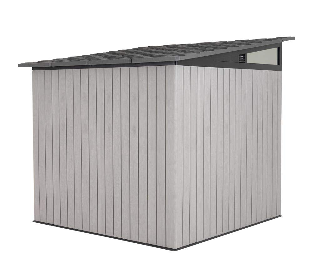 Lifetime 8.3 x 8.3 Ft Modern Outdoor Storage Shed with Clerestory Windows, Steel Reinforced, Lockable Doors, Adjustable Shelf and Wall Hooks, UV-Protected, Gray
