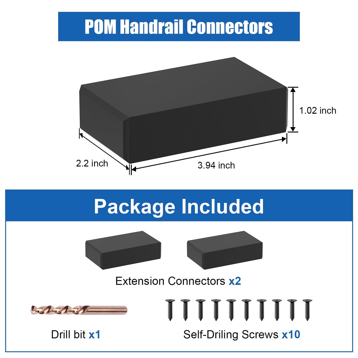 BLIKA 2 Pack Extension Connectors with Screws, Black Flat Handrail Accessories for Cable Railing Handrail, POM Handrail Connector Fitting, Deck Stair Cable Railing Rectangular Handrail, BL03-L