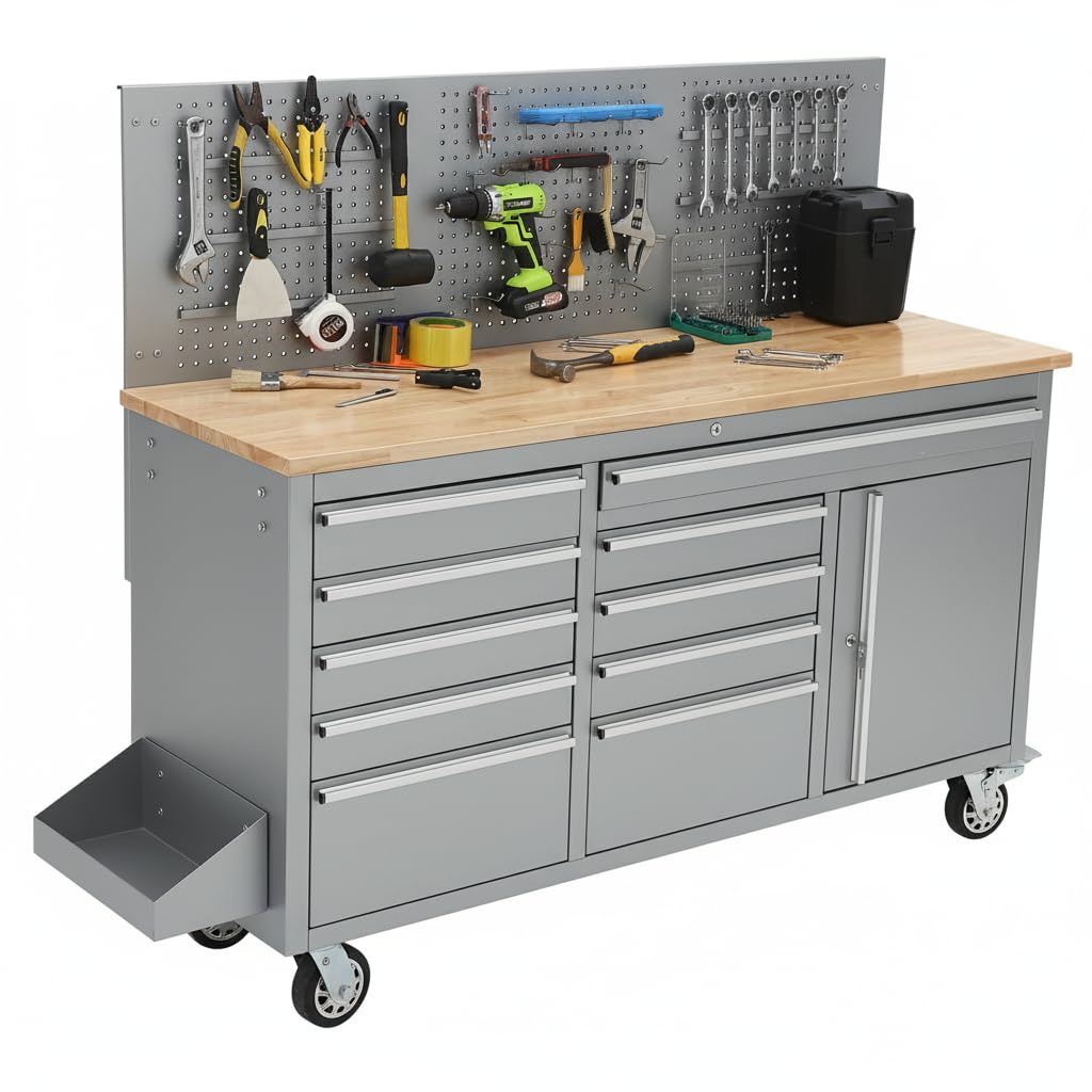 IDEALHOUSE 61-inch Rolling Tool Chest, 10 Drawers Garage Workbench Storage Tool Cabinet with Power Strip, Solid Rubber Wood Top, 1675 LBS Load Mobile Workstation, Heavy Duty Rolling Cabinet, Silver