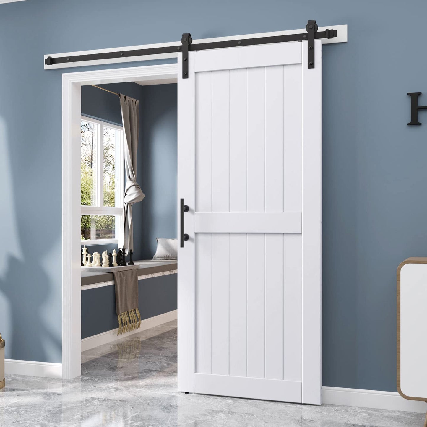 EaseLife 36 x 96 inch White Barn Door with 6.6FT Sliding Door Hardware Kit Included & Handle,Solid Wood Covered with Waterproof PVC Surface,DIY Assemblely,Easy Install,H-Frame,Fit 32-34in Wide Opening