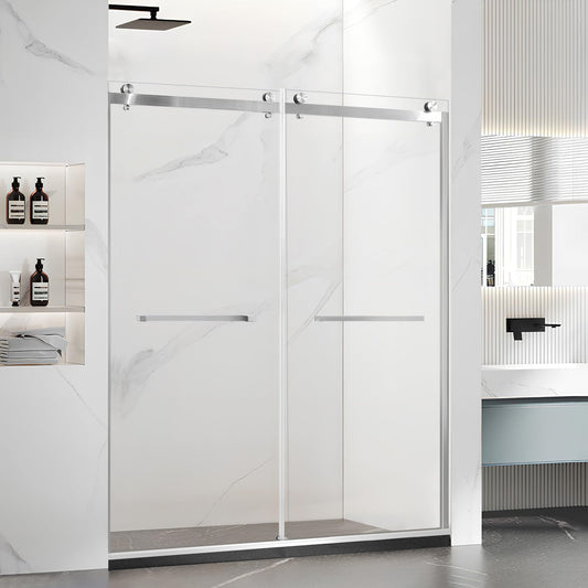 Porfectik Paris Shower Door, 60" W x 74" H Double Sliding Shower Door with 5/16"(8mm) Clear SGCC Tempered Glass, Bathroom Framed Shower Glass Doors, Brushed Nickel