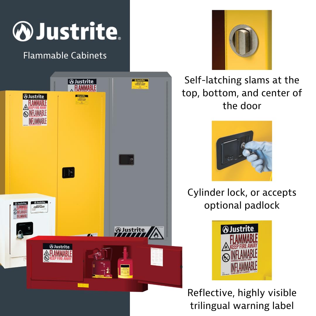 Justrite 17 Gallon Manual Close Piggyback Flammable Storage Cabinet, 18 Gauge Steel, 1 Shelf, 2 Door Fire Cabinet, 24" x 43" x 18", Made in The USA, Yellow, 891700