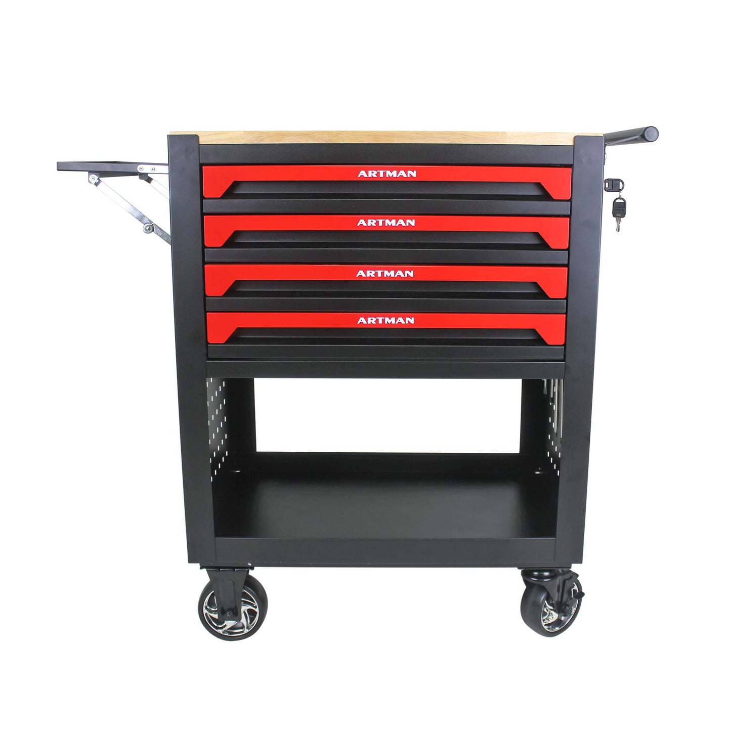 Thetilsy Rolling Tool Chest Cart with 4 Drawers,Storage Tool Cabinet on 4 Wheels. Lockable Tool Cart with Wooden Top and Adjustable Shelf.Tool Box for Garage,Repair Workshop(Wooden top, red)