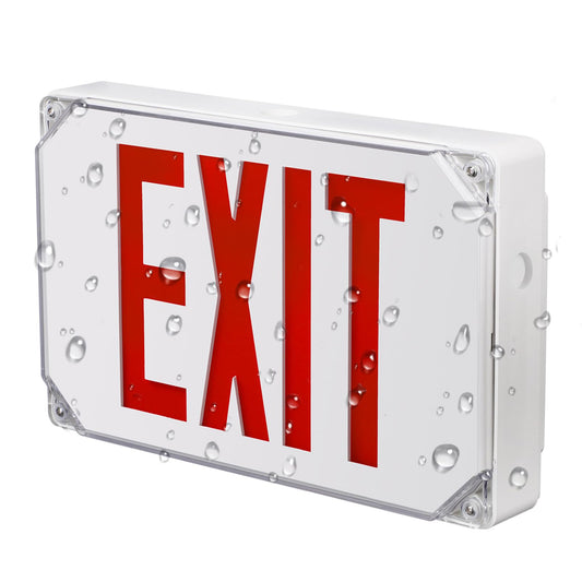 LEONLITE Red LED Exit Sign, Wet Location Exit Light with Battery Backup, UL Listed, Outdoor Hardwired Emergency Lighting with Double Sided, AC 120/277V, Weatherproof Exit Sign, White