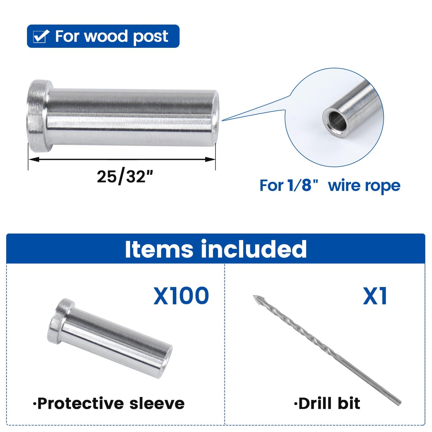 Muzata 100PCS Stainless Steel T316 Protective Sleeves Cable Railing Kit Hardware Cable Railing Protector Sleeve for 1/8" Wire Rope Wood Posts CR13