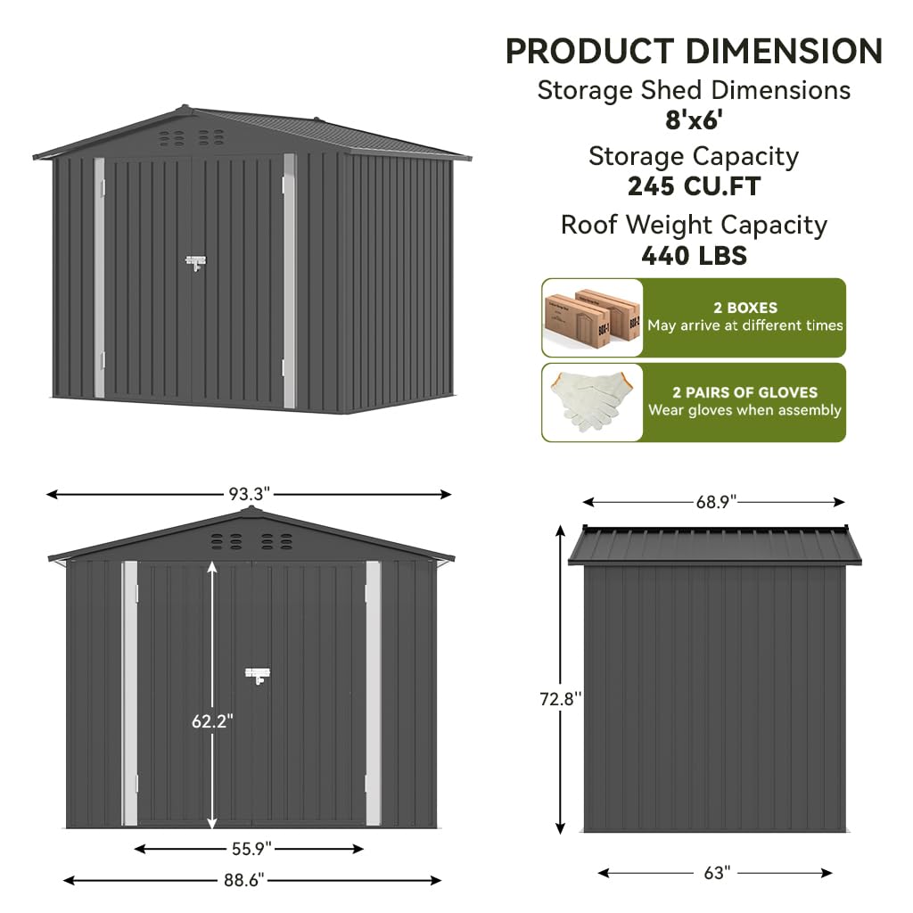 COMHOMA Shed Outdoor Storage Shed Metal,Lockable Doors Tool Sheds with Sloping Roof,Steel Garden Shed with Air Vent for Backyard,Patio,Lawn,Poolside(Grey,8'x6')