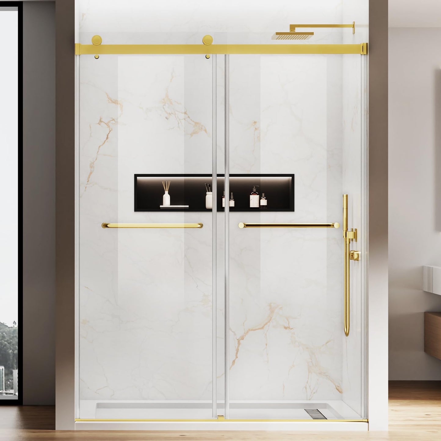 JONIVRAT 56-60" W x 76" H Double Sliding Shower Door, 5/16" (8mm) Clear Tempered Glass, Nano Coated for Easy Cleaning, Pull Handles Towel Rack, Stainless Steel Hardware (Brushed Gold)