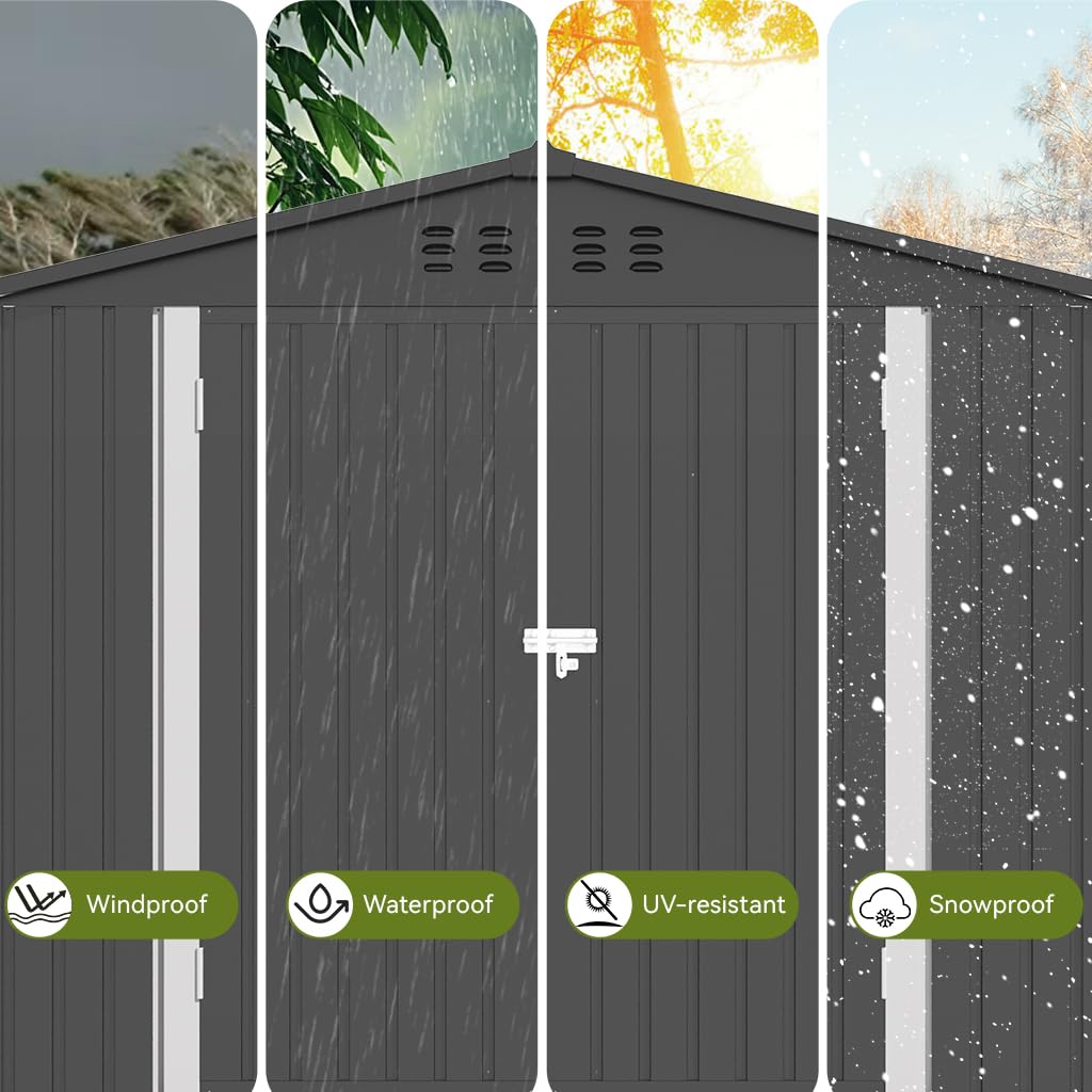 COMHOMA Shed Outdoor Storage Shed Metal,Lockable Doors Tool Sheds with Sloping Roof,Steel Garden Shed with Air Vent for Backyard,Patio,Lawn,Poolside(Grey,8'x6')