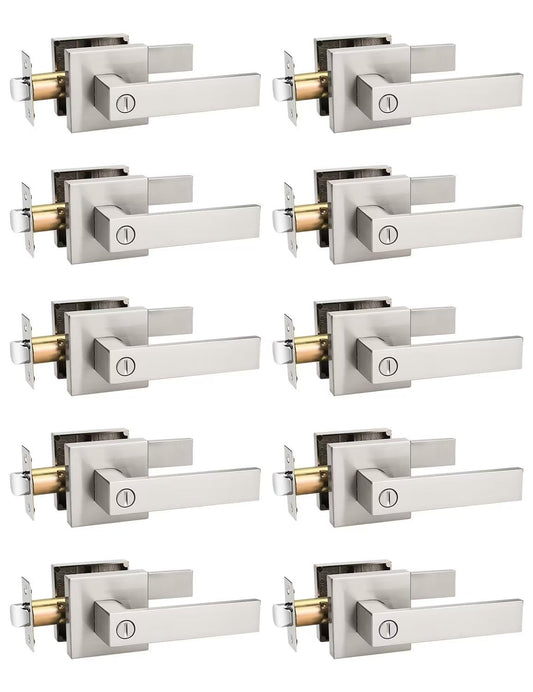 Tinewa 10 Pack Privacy Square Brushed Nickel Door Handles Interior, Keyless Door Knobs for Bedroom/Bathroom, Reversible for Left Right Handed Doors