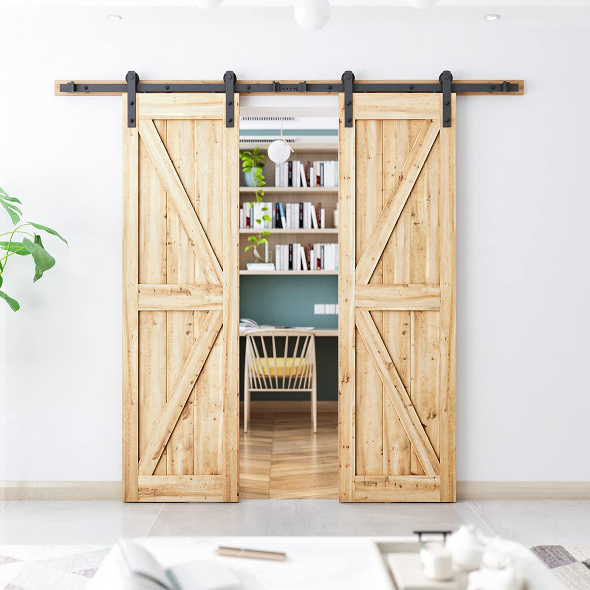 SMARTSTANDARD 8 FT Double Barn Door Hardware Kit - Heavy Duty, Smooth and Quiet Sliding Operation - Easy to Install with Step-by-Step Installation Instruction - Fits 24" Wide Door Panels