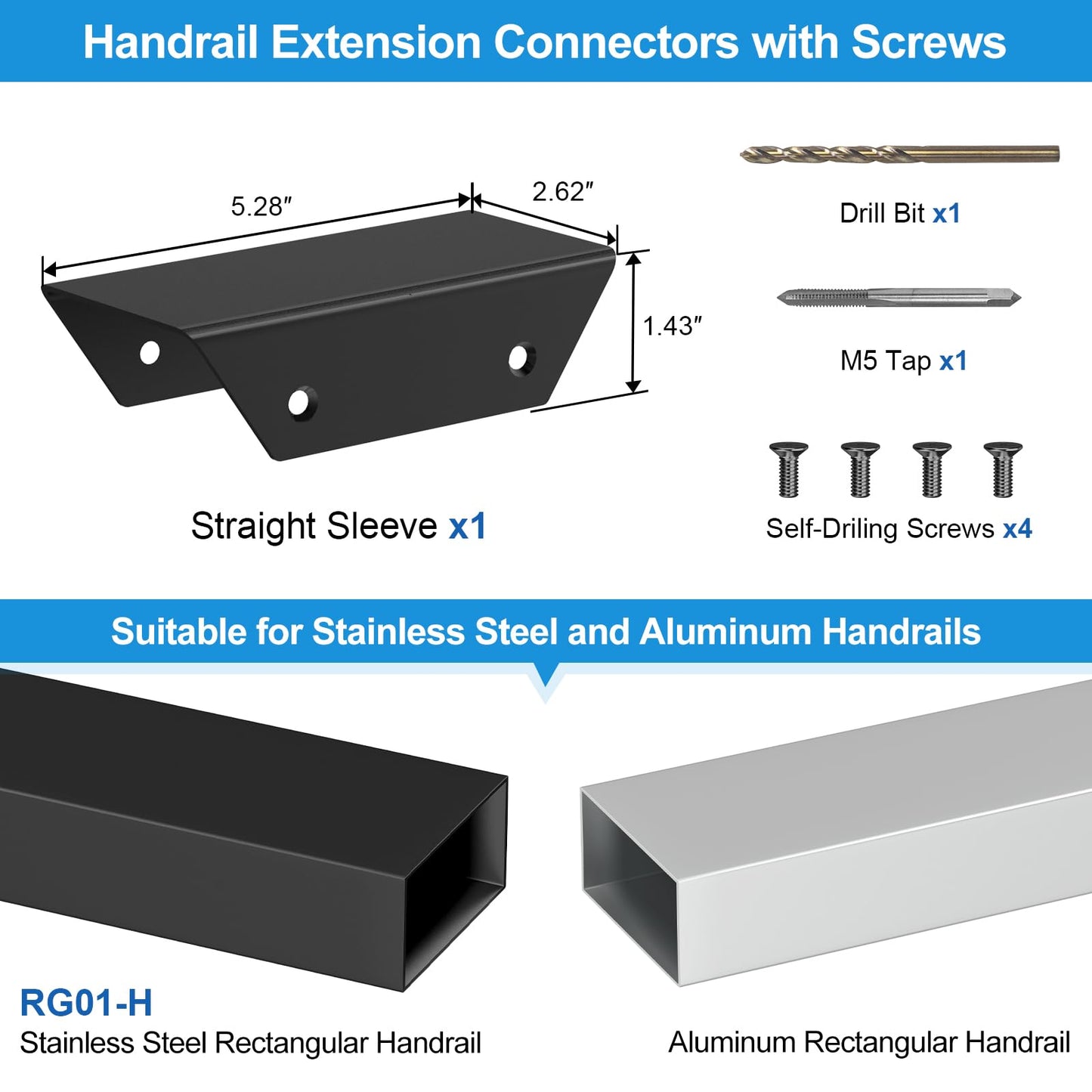RailinGo Aluminum Extension Connector for Rectangular Handrail, Black Powder Coated Straight Sleeve for Cable Railing Handrail System, Flat Handrail Accessories, Black Wire Railing Kits, RG50